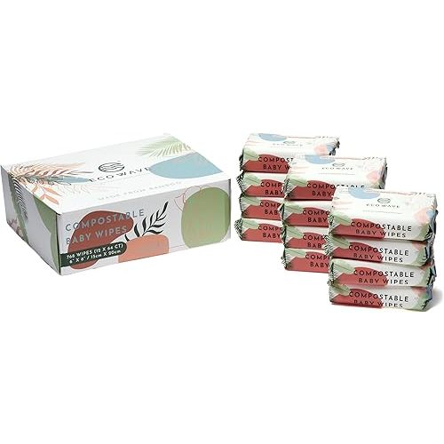 Eco Wave Baby Wipes, 100% Compostable Eco-Friendly Bamboo Wipes, Unscented, Hypoallergenic, Vegan, Alcohol-Free, Suitable For Sensitive Skin (Pack of 12)