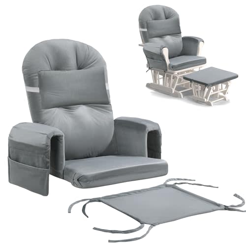 MABOZOO 6 PCS Glider Rocker Replacement Cushions with Storage Side Pocket,Foam & Microfiber Filling, Non-Slip & Washable,Thickened & Supportive Velvet Rocking Chair Cushion Set(Gray)