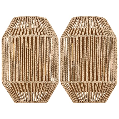 MhyTogn Natural Rattan Wall Sconce Set of 2, with Boho Woven Wicker Shade Antique Brass Brush Paint Finish for Vanity Stairway Fireplace Living Room Bedside Passway Hallway
