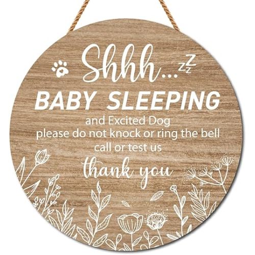 Baby Sleeping Sign for Front Door,Baby and Excited DogSleeping Door Decor,Please Do Not Knock Or Ring Doorbell Arch Wood Sign,no soliciting sleeping baby wood sign for house Baby Room Nursery Door Knob Decor(13.78x13.78 inches)