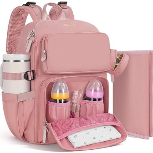 IBVIVIC Diaper Bag Backpack with Portable Changing Pad, Multifunctional Baby Bag for Mom Dad, Large Capacity, Stroller Straps, Insulated Bottle Pockets & Pacifier Case (Pink)