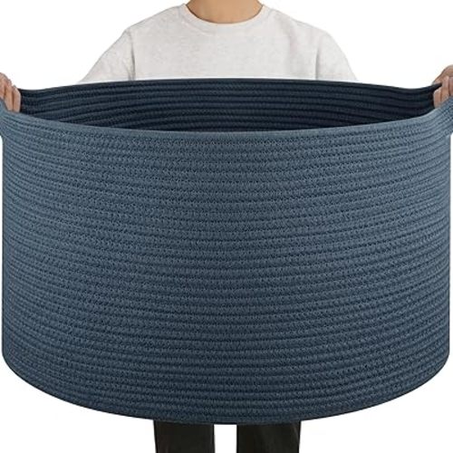 OIAHOMY 90L Large Blanket Basket with Handle, Blanket Storage for Living Room 23" x 23" x 13", Laundry Basket for Blankets, Pillows, Large Woven Rope Baskets for Kids, Dogs Toys - Blue