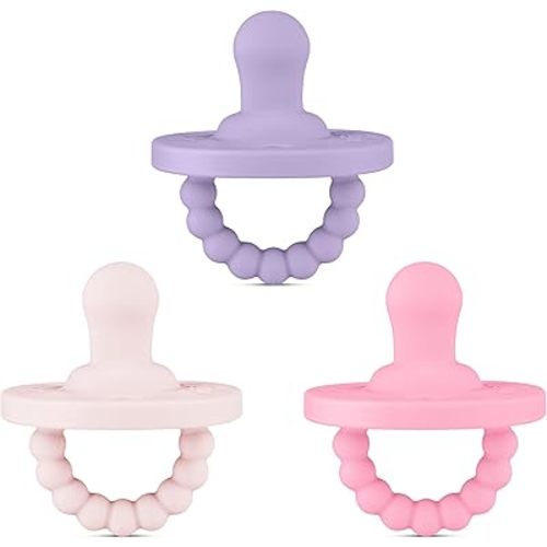 Ryan & Rose Cutie PAT All-in-One Pacifier and Teether Massaging Teething Ring and Hideaway Binky for Growing Babies (Bliss (3 Pack), Flat)