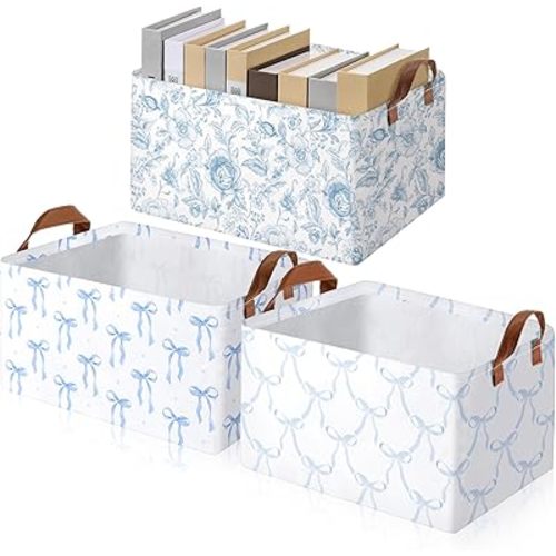 Boao 3 Pcs Blue Bow Storage Bin Collapsible Large Storage Baskets for Gifts Empty Candy Holiday Decor Canvas Laundry Basket Foldable Box with Handle for Office Home Bedroom Clothes
