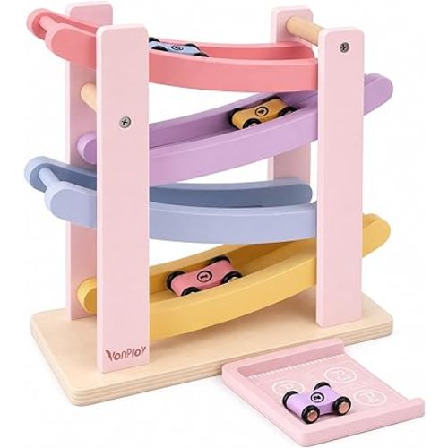 Vanplay Car Ramp Toys for One Year Old Girl Birthday Gifts, Montessori Toys for 1 2 Year Old, Wooden Race Track Truck Toy with 4 Mini Cars, First Christmas Birthday Gifts for Toddler Girl Toys 1-3-2-4