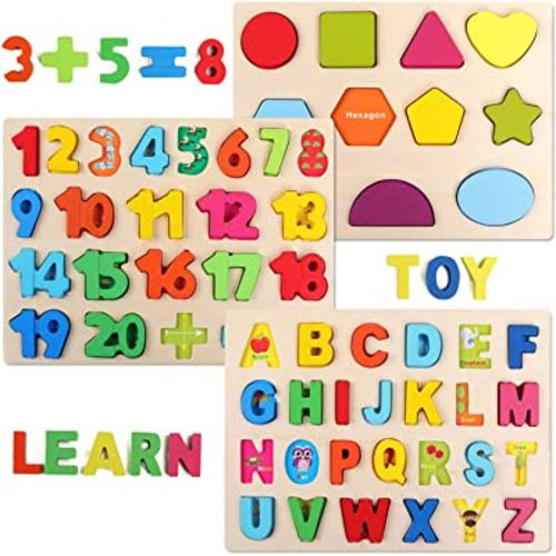 QZMTOY Wooden Puzzles for Toddlers, Wooden Alphabet Number Shape Puzzles Toddler Learning Puzzle Toys for Kids, 3 in 1 Puzzle for Toddlers, Age 3+ (Set of 3)