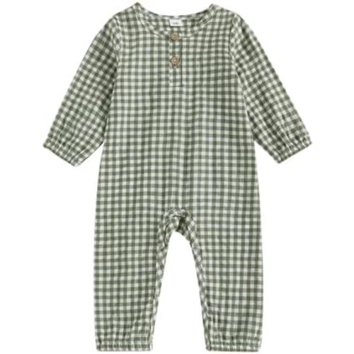 Baby Boy Girl Gingham Jumpsuit Long Sleeve Plaid Romper Button Playsuit Unisex Fall Casual One Piece Outfit