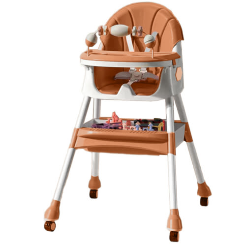 Hurber 4 in 1 Baby High Chair, Child Feeding Chair with Five-Point Harness, Retractable Detachable Dining Plate,Brakable Universal Wheel, Toy Rack, Coffee