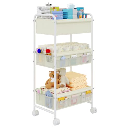 3-Tier Baby Diaper Caddy Cart Organizer,Mobile Nursery Storage Cart with Wheels,With 2 Dividers&14 Mesh Pockets Durable Metal Utility Cart for Nursery, Bedroom, Bathroom, Baby Essentials Organization