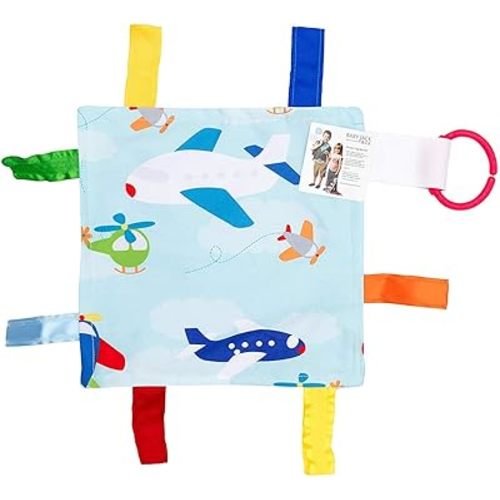Baby Sensory Crinkle & Teething Square Lovey Toy with Closed Ribbon Tags for Increased Stimulation: 8"X8" (Airplanes)