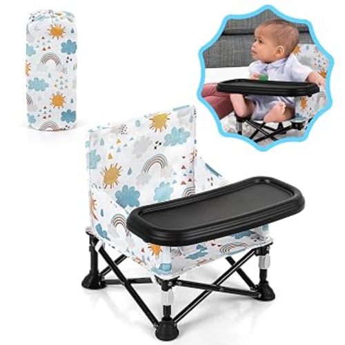 Toddler Booster Seat for Kitchen Chair & Travel - Portable Foldable with Removable Tray, Baby Camping Chair 6-36 Months Indoor Outdoor (White Cloud Design)