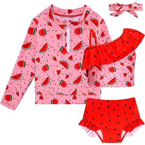 Funnycokid Baby Toddler Girls Swimsuit 4 Piece Bathing Suit long sleeve Rash Guard Sets 6 Months - 5 Years