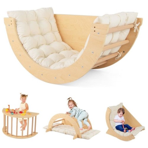 Babyjoy Climb Playset 6-in-1 Wooden Arch Rocker Kids Climbing Ladder Toy w/Removable Cushion Activity Table Beige