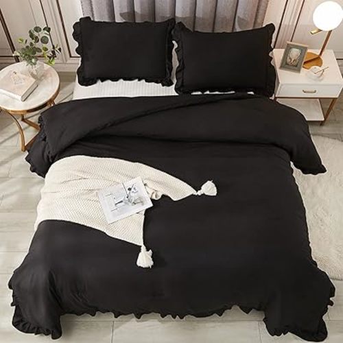 Andency Black Queen Comforter Set, 3 Pieces Farmhouse Shabby Chic Bedding Comforter & Sets for Queen Bed, Soft Lightweight Fluffy All Season Down Alternative Bed Set for Men Women