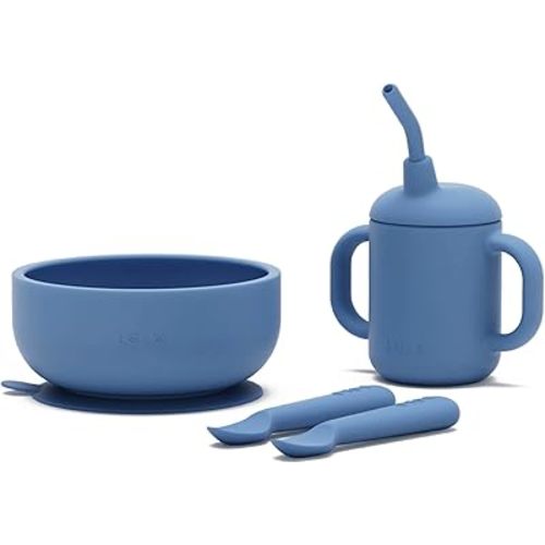 Lalo First Bites Silicone Baby Feeding Set - Baby Led Weaning Supplies - Non-Toxic Silicone - Includes 2 Spoons, Training Cup, & Suction Bowl - 4 Pieces - Blueberry