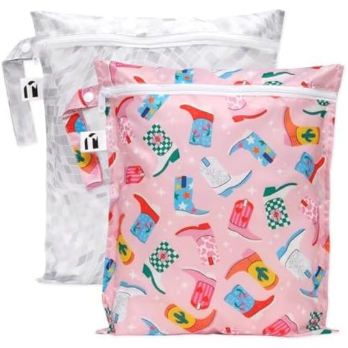 Bumkins Roamio - Waterproof Wet Bag - For Baby, Travel, Swim Suit, Cloth Diapers, Pump Parts, Pool, Gym, Toiletry, Strap to Stroller - Reusable & Easy to Clean - 2pk - Cowgirl Boots & Disco