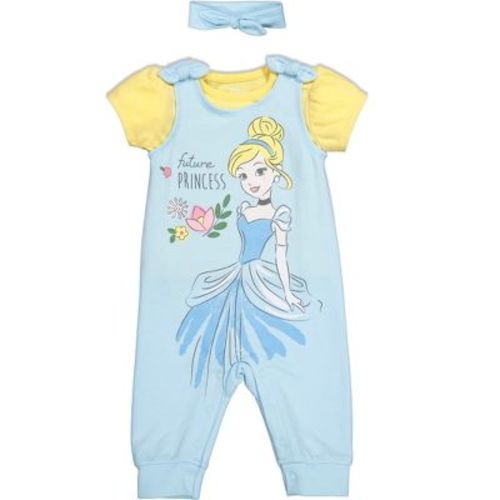 Disney Princess Cinderella Newborn Baby Girls French Terry Sleeveless Romper & Headband Light Blue 0-3 Months