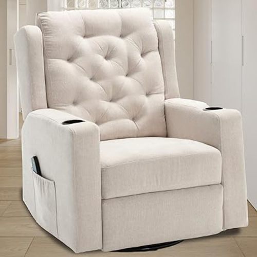 Oversized Massage Swivel Rocker Recliners Glider Chairs Wide Seat Manual Recliner Chairs with Cup Holders for Adults, Comfortable Beige Reclining Rocking Chair