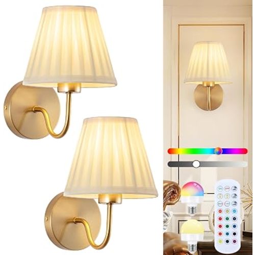 Vintage Battery Operated Wall Sconces Set of 2, Pleated Fabric Shade Gold Wall Lamp with Remote Control, Cordless Rechargeable Wall Sconces Fixtures for Bedroom, Living Room, Beside (2 Bulbs Included)
