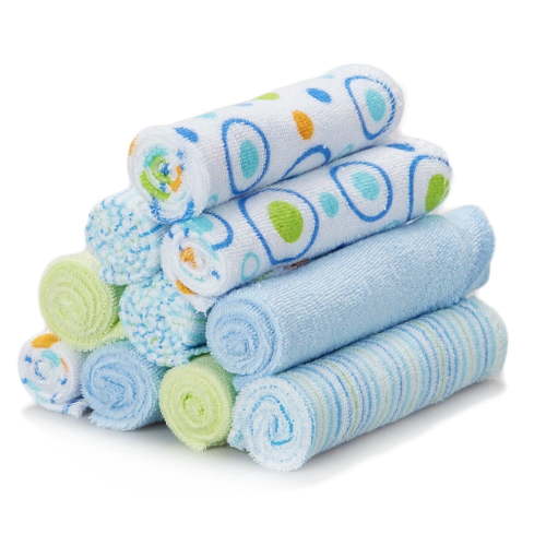 Spasilk Soft Cotton Baby Bath Clothes, Terry Washcloth Set for Newborns, 10 Pack, Blue Circles