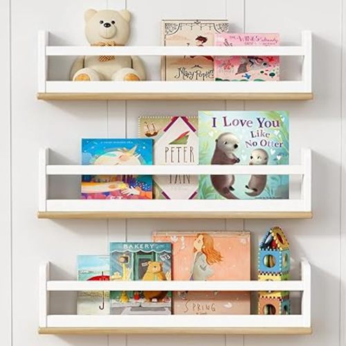 Upgraded Kids Bookshelf Wall Mounted, 24 Inch Long Floating Nursery Book Shelves for Wall, White and Natural Wood Baby Toddler Child Hanging Bookshelves for Kids Room Bedroom (Set of 3)