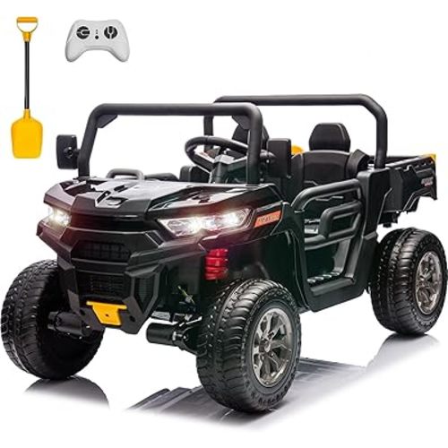 Sopbost 2 Seater 24V Ride On Toys for Big Kids with Electric Dump Bed 4WD Battery Powered Cars for Kids with Remote Control, Ride On Car with EVA Tires Wheels, Shovel, Music, Black