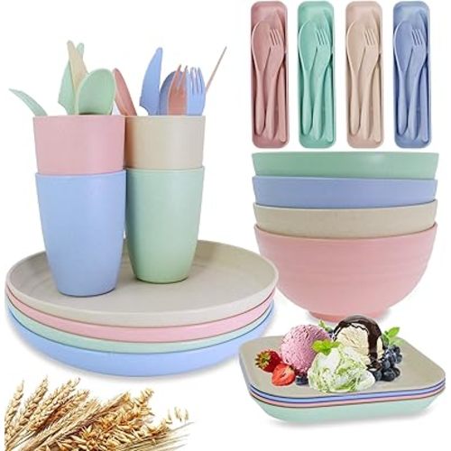 Unbreakable Wheat Straw Dinnerware Sets of 4, Farielyn-X Lightweight Bowls with Plates, Cups, Knives, Forks and Spoons for Camping Picnic, Dishwasher Microwave Safe Plates and Bowls sets, Kids & Adult
