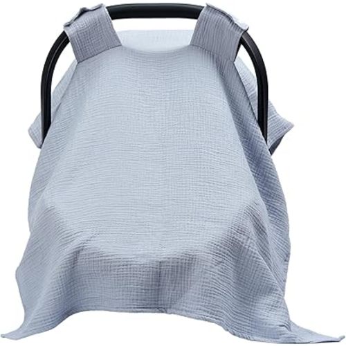 Meracorallo Muslin Baby Car Seat Cover, 100% Organic Cotton Infant Carrier Cover, Lightweight Breathable Soft Carseat Canopy for Baby Boys and Girls (Blue)