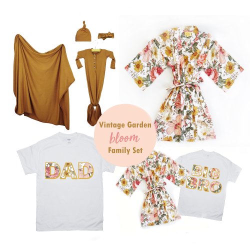 Bloom Family Matching Outfits | Floral Vintage Maternity Robe and Matching DAD T-Shirt, Baby Swaddle, Gown, Big BRO and Big SIS T-shirts