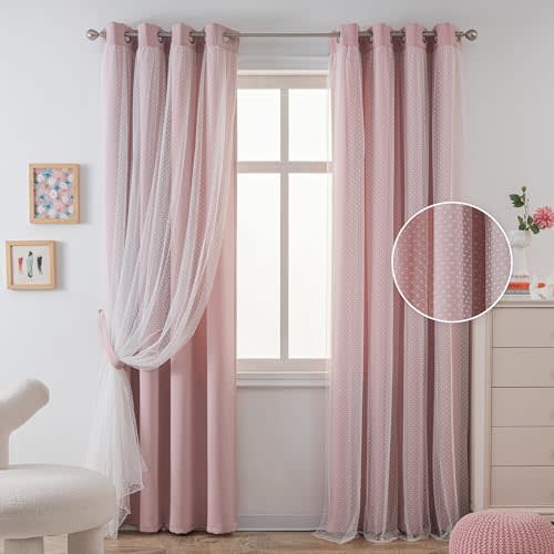 MYSKY HOME Pink Curtains for Girls Bedroom 84 Inches Long Double Layer Nursery Curtains Cute with Tiebacks Polka Dots Sheer for Babies Room Toddler Grommet Room Darkening Window Drapes 52 x 84 in