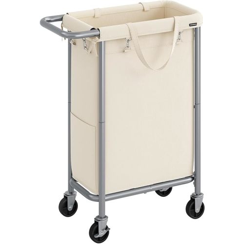 SONGMICS Laundry Basket with Wheels, Rolling Laundry Hamper, 23.8 Gallons (90L), Removable Liner, Steel Frame with Handle, Blanket Storage, 24 x 11.4 x 31.9 Inches, Cream White URLS003W01