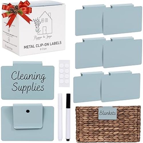 Hygge & Sage: Metal Bin Labels for Home Organization | Non-Slip Basket Labels Clip On for Storage Bins, Baskets, or Wire Racks | Includes 8 Labels, 8 Non-Slip Pads, and 2 Free Markers (Blue)