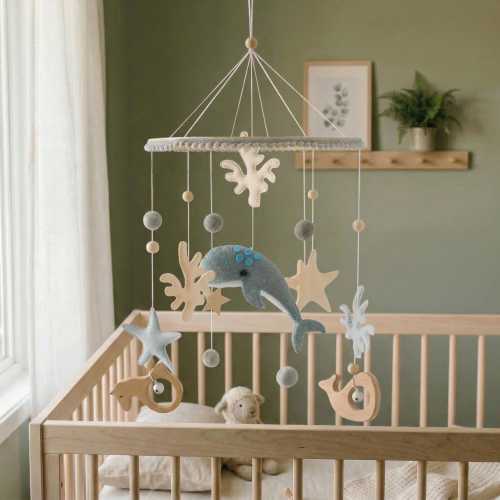 Ocean Baby Mobile with Felt Whale & Starfish, Nautical Crib Mobile, Gender Neutral Sea Life Nursery Decor, Optional Wooden Crib Arm