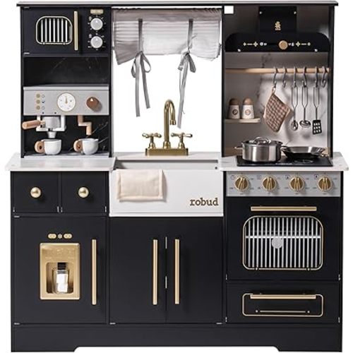 ROBUD Wooden Play Kitchen Set for Kids and Toddlers with Coffee Machine, Ice Maker, Microwave, Oven, Large Cabinet, 12 Accessories, Gift for 3+, Black