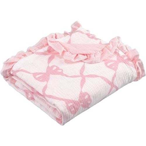 Oudain Pink Bow Flounce Muslin Baby Blankets, Lace Cotton Crib Blanket for Baby Infant Toddler, Soft and Lightweight Nursery Blankets 40"x35"