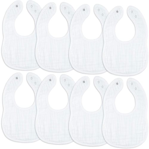 Comfy Cubs Muslin Baby Bibs, Drool Bibs, 100% Cotton Adjustable with Easy Snaps, Teething & Drooling, Soft & Absorbent - White - Pack of 8
