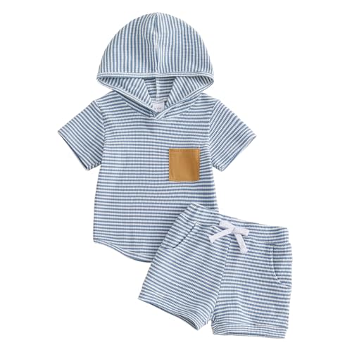 Toddler Baby Boy Summer Outfit Waffle Short Sleeve Hooded Stripes Tops Casual Shorts Set Infant Newborn Clothes