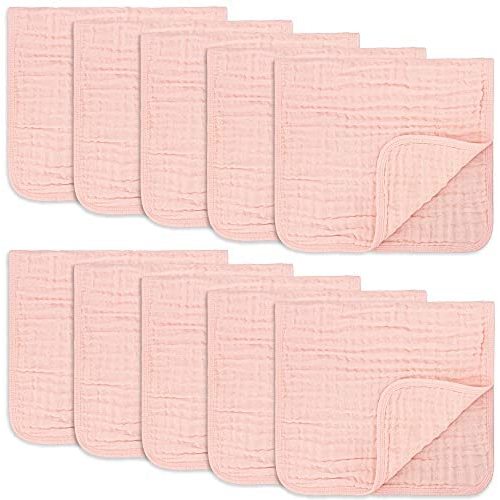 Muslin Burp Cloths 10 Pack Large 100% Cotton Hand Washcloths 6 Layers Extra Absorbent and Soft (Pink, Pack of 10)