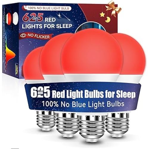 Neporal 625nm Red Light Bulbs for Sleep 9W, 100% Blue Light Blocking Red Night Light, Red Light Bulb for Melatonin Promoting, A19 60W Equivalent Dim Light Bulbs for Bedroom, Baby Nursery,4 Packs