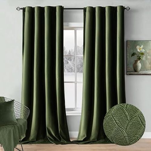 Awellife Green Velvet Curtains 100% Blackout Curtain Textured Olive Green Elegant Curtains Thermal Insulated Soundproof Room Darkening/Drapes for Classical Living Room Bedroom 52 x 84 Inch Set of 2