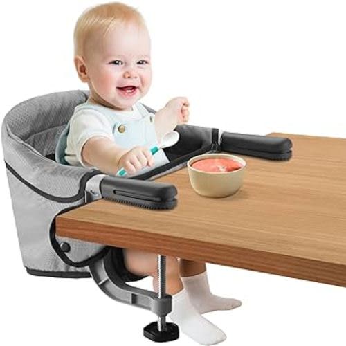 Fast Table Chair Hook on High Chair Clip on Table Clamping Chair High Load Fold-Flat Storage Tight Fixing Feeding Seat Attach to Table Ideal Folding Chair for Travel (Gray)