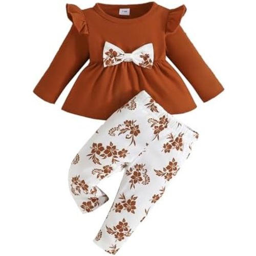 3-6 Month Jacket Girl Infant Girls' Solid Fly Sleeve Clashing Bow Top + Floral Printed Elasticated Baby Girl Clothes 2t