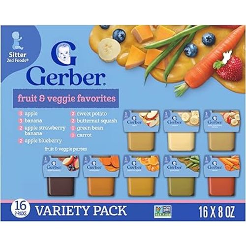 Gerber Purees 2nd Foods Veggie & Fruit Variety Pack, 8 Ounces, Box of 16 (Packaging May Vary)