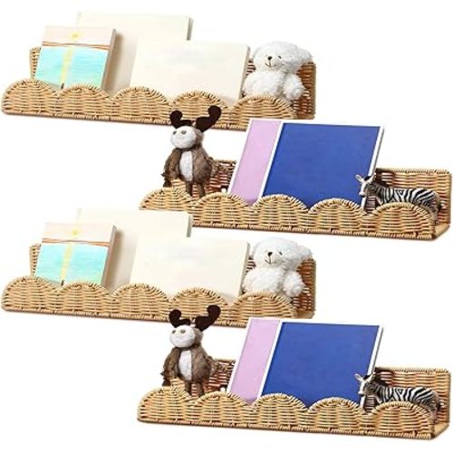 Pinkunn 4 Pcs Nursery Book Shelves 15.8 Inch Rattan Scalloped Floating Bookshelves Wicker Boho Book Shelf for Wall Mounted Decor Nursery Rooms Hanging (Natural Color)