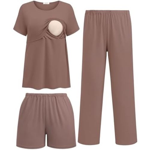 Ekouaer 3 Piece Postpartum Nursing Pajamas Set Short Sleeve Breastfeeding Shirts Pregnancy Shorts & Pants Maternity Pjs
