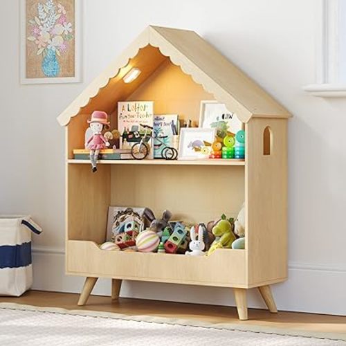 Kids Dollhouse Bookshelf, Wooden Bookcase Storage with Motion-Activated Light, 2-Tier Open Display Organizer for Toys and Books, Baby Bookshelf for Birthday, Christmas, Natural Wood Color