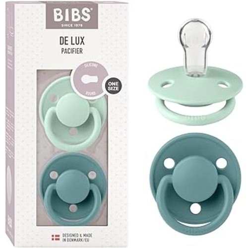 BIBS De Lux Baby Pacifier 2-Pack | Made in Denmark | BPA Free Dummy Soother, Round Nipple. Silicone, OneSize (0-36 Months), Nordic Mint/Island Sea