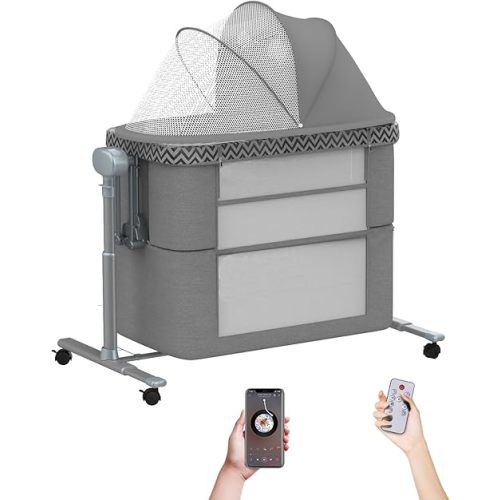 Moisés mecedor eléctrico para bebé, 4 en 1, moisés de noche con ruedas, moisés automático con control remoto, cuna en cama para recién nacido con 10 canciones de cuna (gris oscuro)