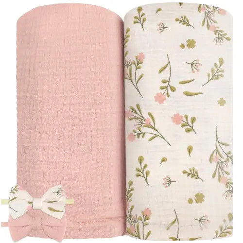 2 Pack Muslin Swaddle Blankets and Headbands for Baby Boys Girls Receiving Blanket for Newborn 47 x 47 inches Soft Breathable Swaddle Blanket Wrap
