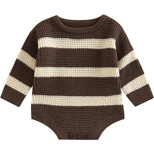 Merqwadd Baby Sweater Boy Girl Winter Clothes Knit Oversize Romper Warm Crewneck Long Sleeve Top Onesie for Toddlers - Striped-coffee